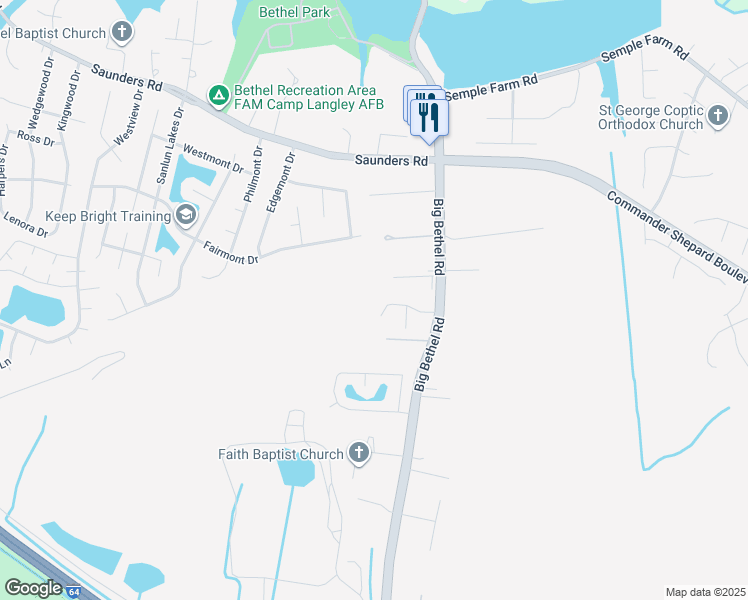 map of restaurants, bars, coffee shops, grocery stores, and more near 24 Welcome Way in Hampton