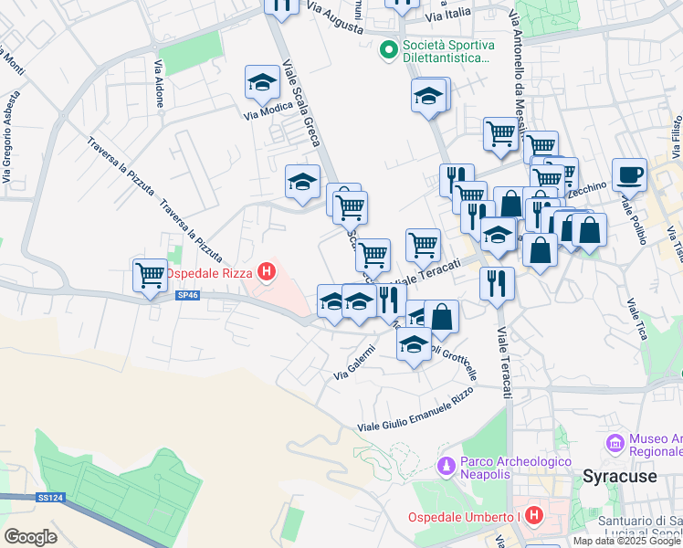 map of restaurants, bars, coffee shops, grocery stores, and more near 32 Via di Villa Ortisi in Siracusa