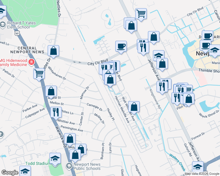 map of restaurants, bars, coffee shops, grocery stores, and more near 2201 William Styron Square South in Newport News