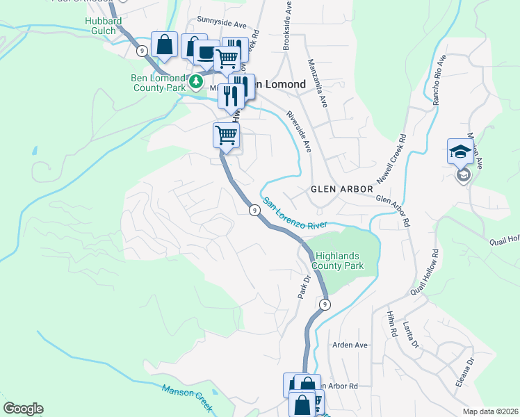 map of restaurants, bars, coffee shops, grocery stores, and more near 8866 Highway 9 in Ben Lomond