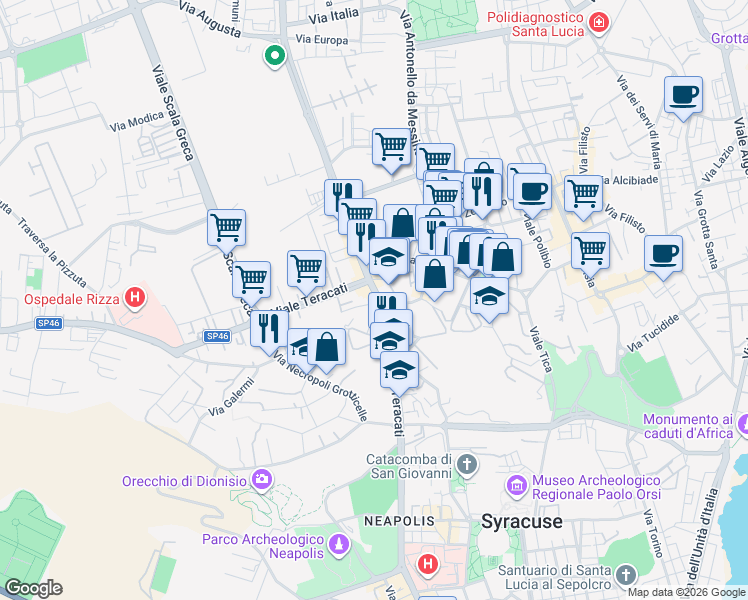 map of restaurants, bars, coffee shops, grocery stores, and more near 65 Viale Teracati in Siracusa