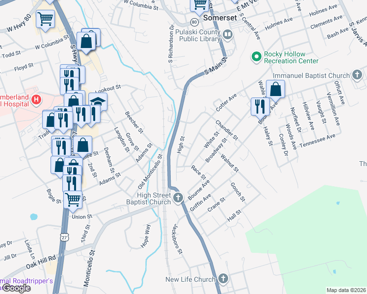 map of restaurants, bars, coffee shops, grocery stores, and more near 220 High Street in Somerset