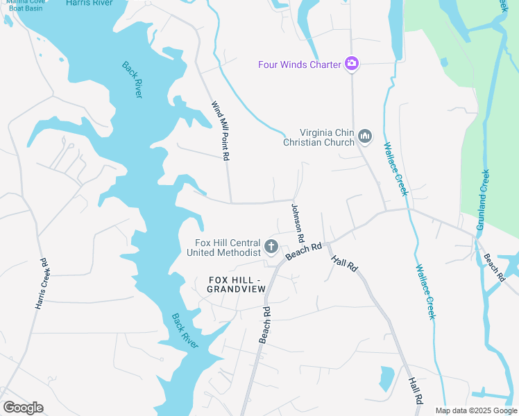 map of restaurants, bars, coffee shops, grocery stores, and more near 21 Wind Mill Point Road in Hampton