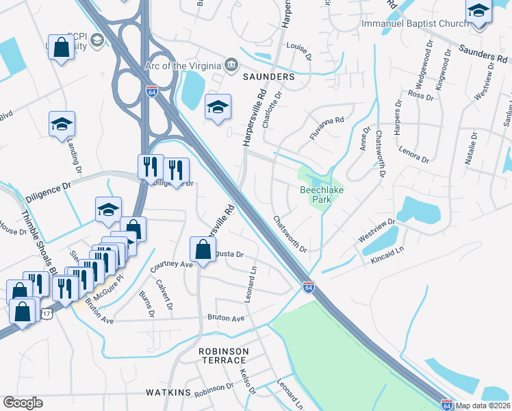 map of restaurants, bars, coffee shops, grocery stores, and more near 815 Olive Drive in Newport News