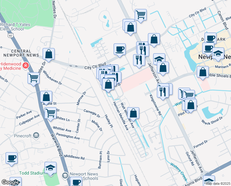 map of restaurants, bars, coffee shops, grocery stores, and more near 1100 William Styron Square South in Newport News