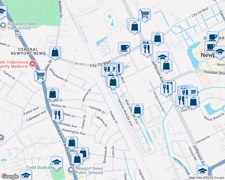 map of restaurants, bars, coffee shops, grocery stores, and more near 2201 William Styron Square South in Newport News