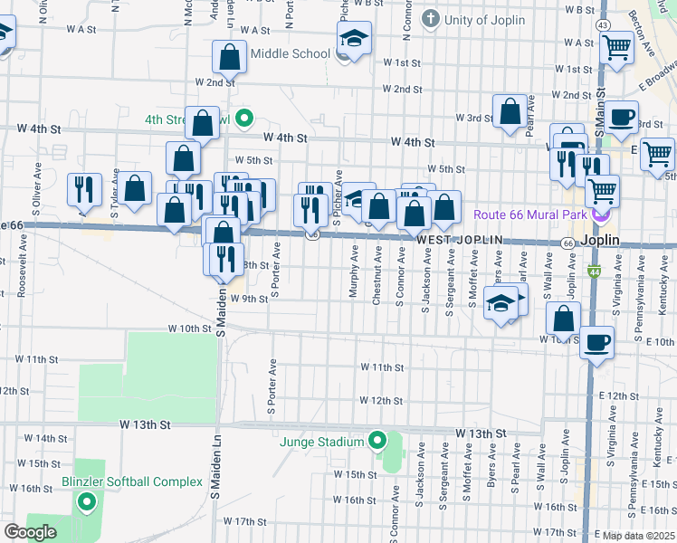 map of restaurants, bars, coffee shops, grocery stores, and more near 1110 West 8th Street in Joplin