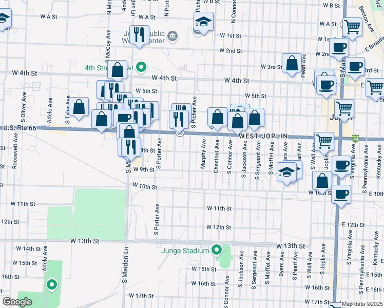 map of restaurants, bars, coffee shops, grocery stores, and more near 1110 West 8th Street in Joplin