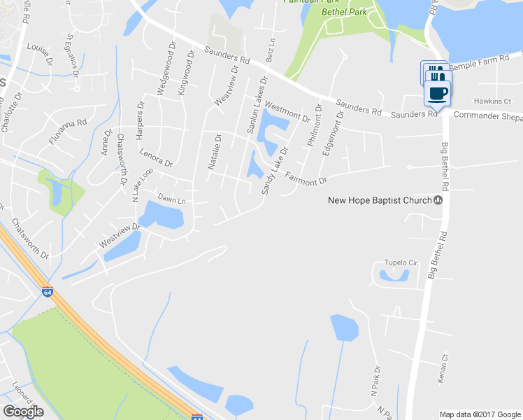 map of restaurants, bars, coffee shops, grocery stores, and more near 65 Sandy Lake Drive in Hampton