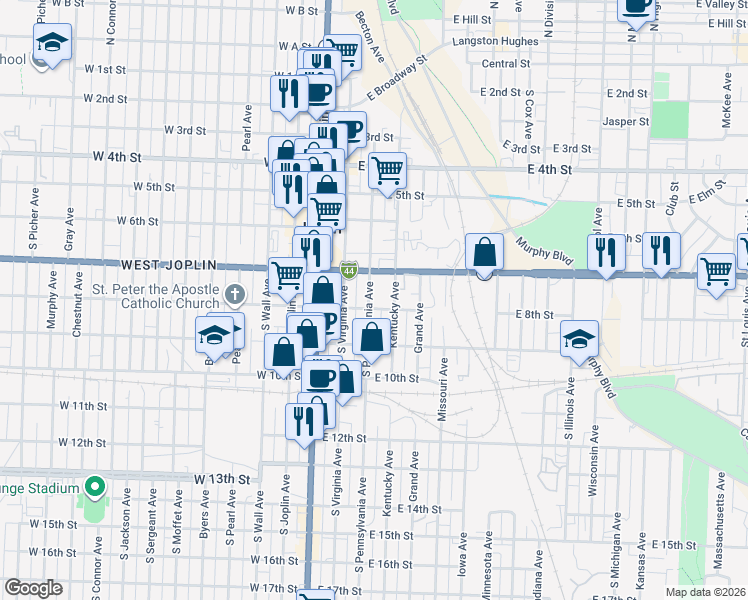 map of restaurants, bars, coffee shops, grocery stores, and more near 726 Kentucky Ave in Joplin