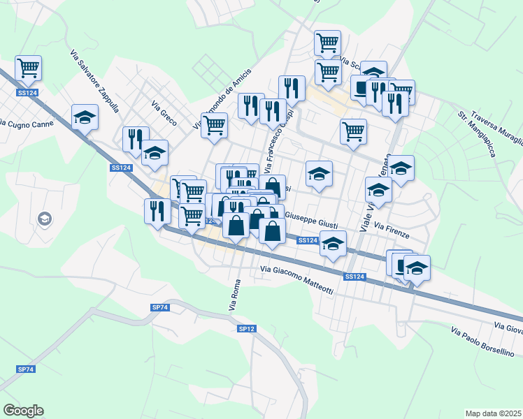 map of restaurants, bars, coffee shops, grocery stores, and more near 172 Via Giuseppe Giusti in Floridia