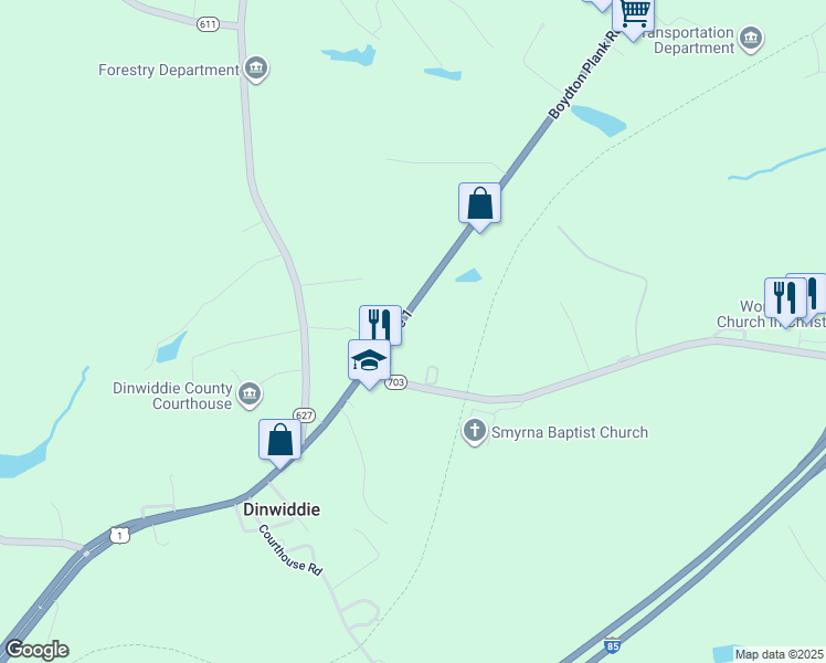 map of restaurants, bars, coffee shops, grocery stores, and more near 13707 Boydton Plank Rd in Dinwiddie