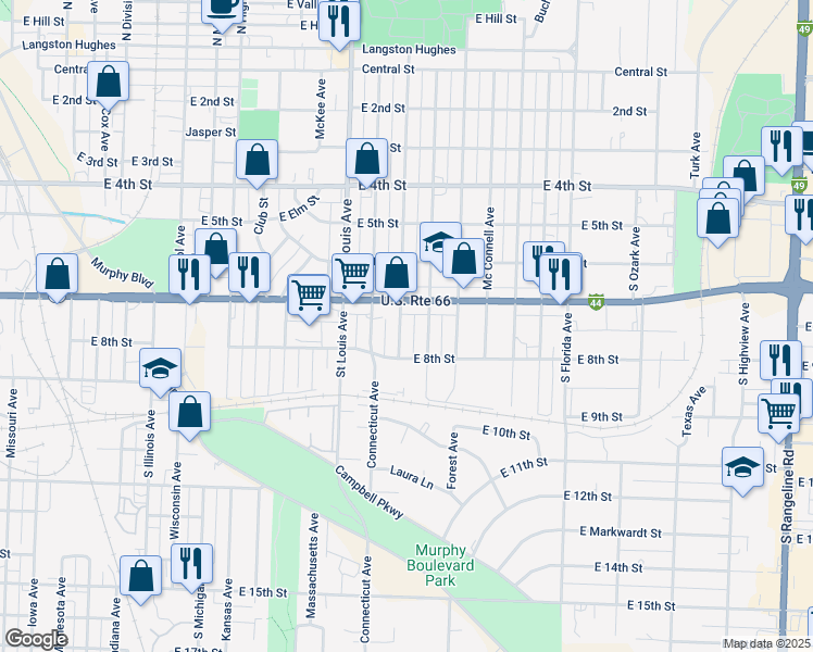 map of restaurants, bars, coffee shops, grocery stores, and more near 715 South Park Avenue in Joplin