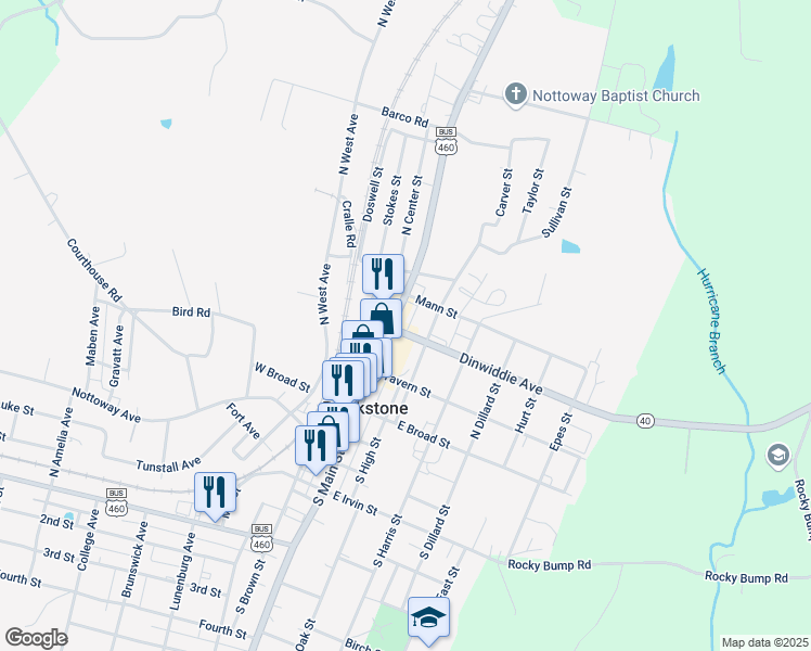 map of restaurants, bars, coffee shops, grocery stores, and more near 300 North Main Street in Blackstone