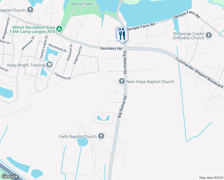 map of restaurants, bars, coffee shops, grocery stores, and more near 16 Welcome Way in Hampton