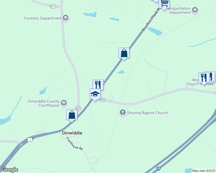 map of restaurants, bars, coffee shops, grocery stores, and more near 13707 Boydton Plank Rd in Dinwiddie