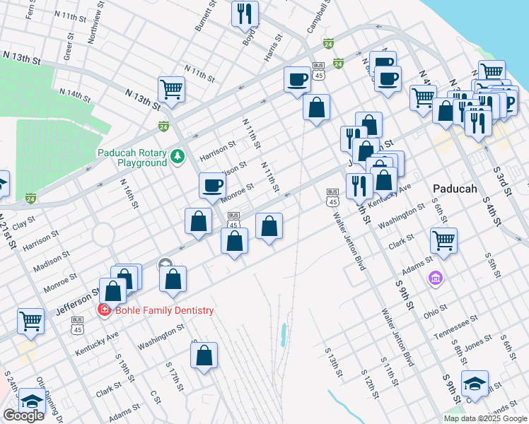 map of restaurants, bars, coffee shops, grocery stores, and more near 1154 Jefferson Street in Paducah