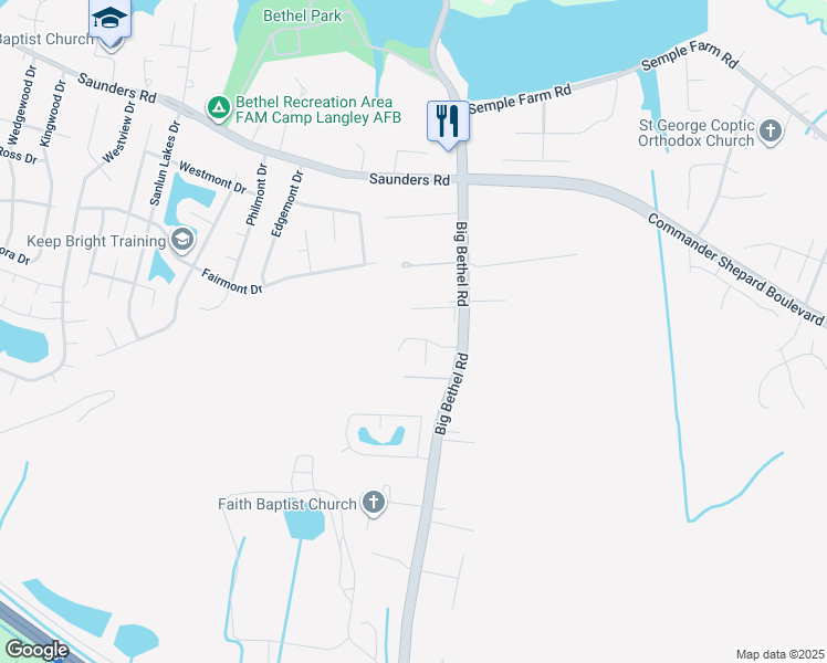 map of restaurants, bars, coffee shops, grocery stores, and more near 16 Welcome Way in Hampton
