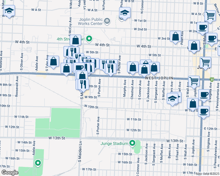map of restaurants, bars, coffee shops, grocery stores, and more near 801 South Empire Avenue in Joplin