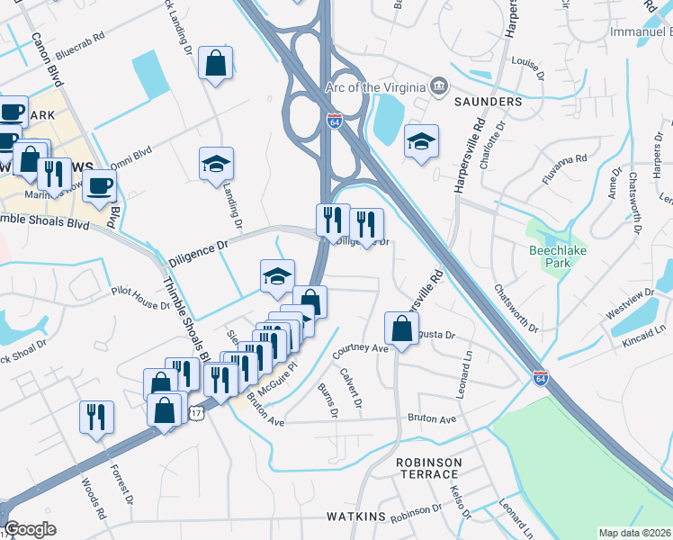 map of restaurants, bars, coffee shops, grocery stores, and more near 826 J Clyde Morris Boulevard in Newport News