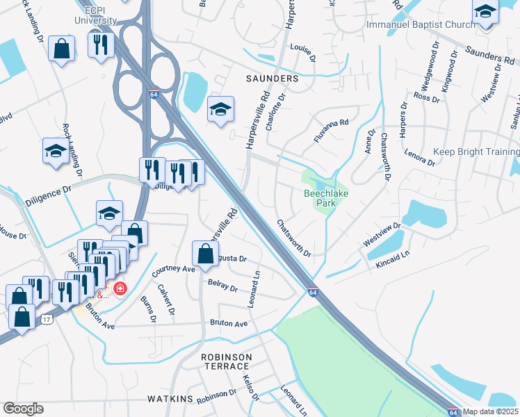 map of restaurants, bars, coffee shops, grocery stores, and more near 815 Olive Drive in Newport News
