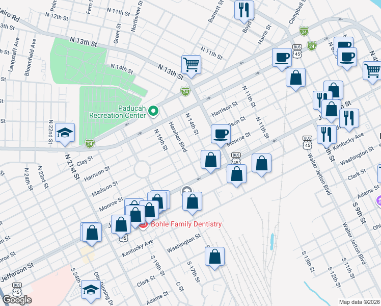 map of restaurants, bars, coffee shops, grocery stores, and more near 320 Harahan Boulevard in Paducah