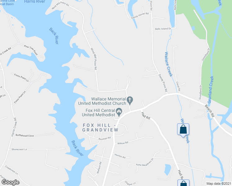 map of restaurants, bars, coffee shops, grocery stores, and more near 13 Wind Mill Point Road in Hampton