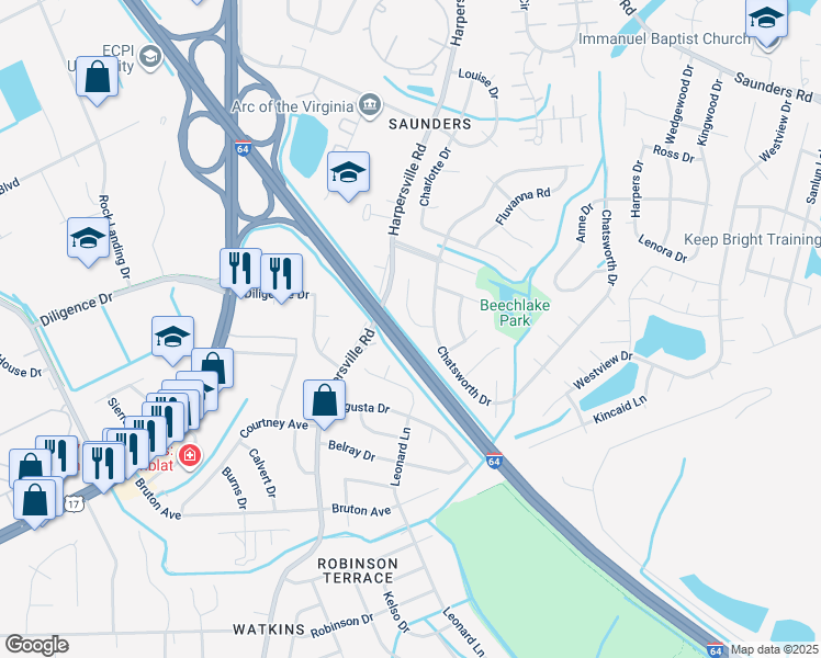 map of restaurants, bars, coffee shops, grocery stores, and more near 815 Olive Drive in Newport News