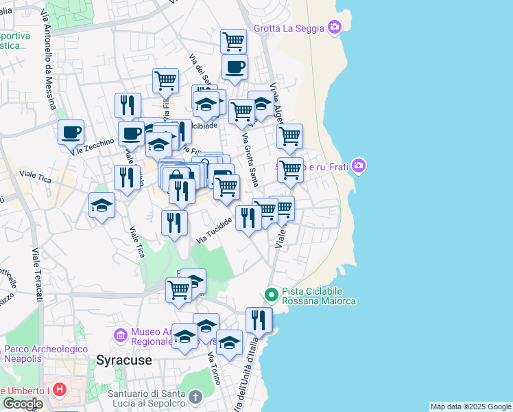map of restaurants, bars, coffee shops, grocery stores, and more near 57 Via Grotta Santa in Siracusa