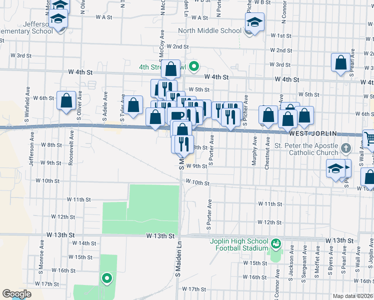 map of restaurants, bars, coffee shops, grocery stores, and more near 801 Harlem Avenue in Joplin