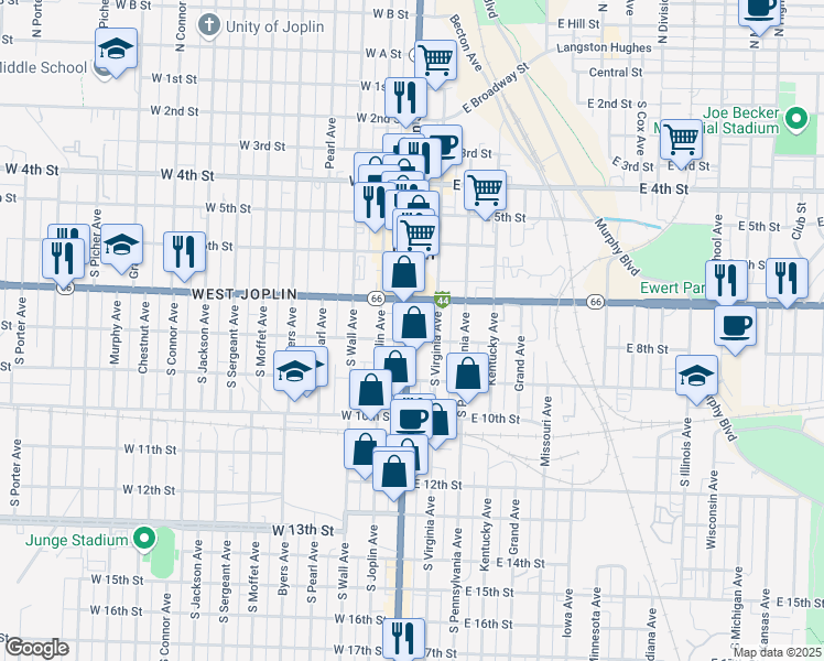 map of restaurants, bars, coffee shops, grocery stores, and more near 731 Missouri 43 in Joplin