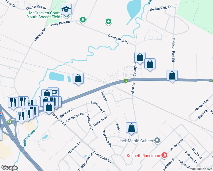 map of restaurants, bars, coffee shops, grocery stores, and more near 3576 Hinkleville Road in Paducah