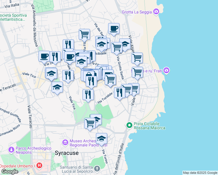 map of restaurants, bars, coffee shops, grocery stores, and more near 16 Via Filisto in Siracusa