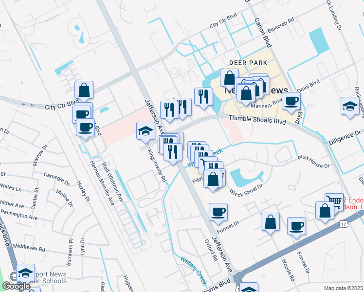 map of restaurants, bars, coffee shops, grocery stores, and more near 600 Thimble Shoals Boulevard in Newport News