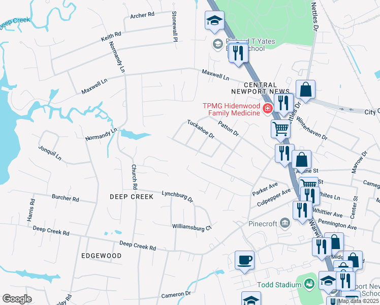 map of restaurants, bars, coffee shops, grocery stores, and more near 25 Indian Springs Drive in Newport News