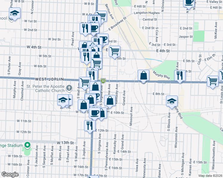 map of restaurants, bars, coffee shops, grocery stores, and more near 726 Kentucky Ave in Joplin