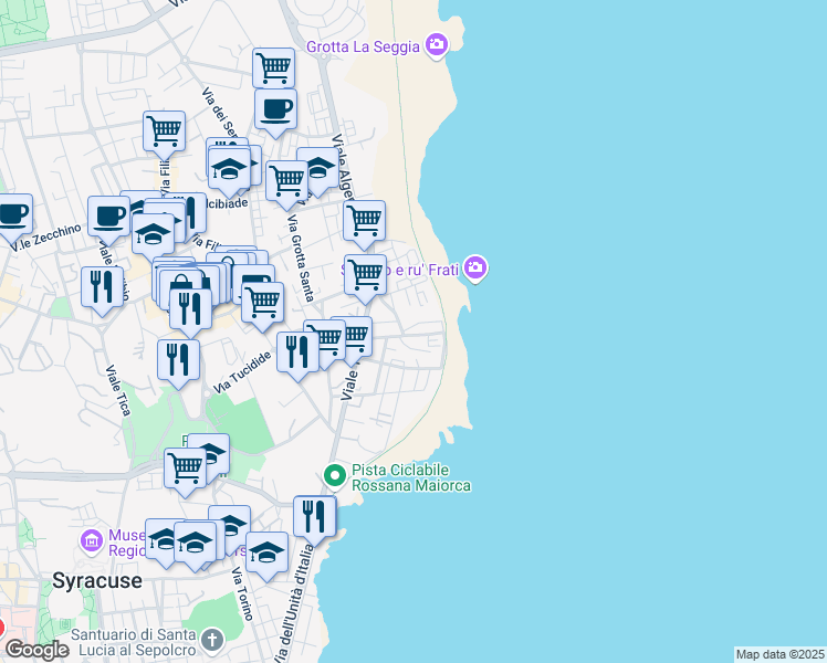 map of restaurants, bars, coffee shops, grocery stores, and more near 48 Via Dalmazia in Siracusa