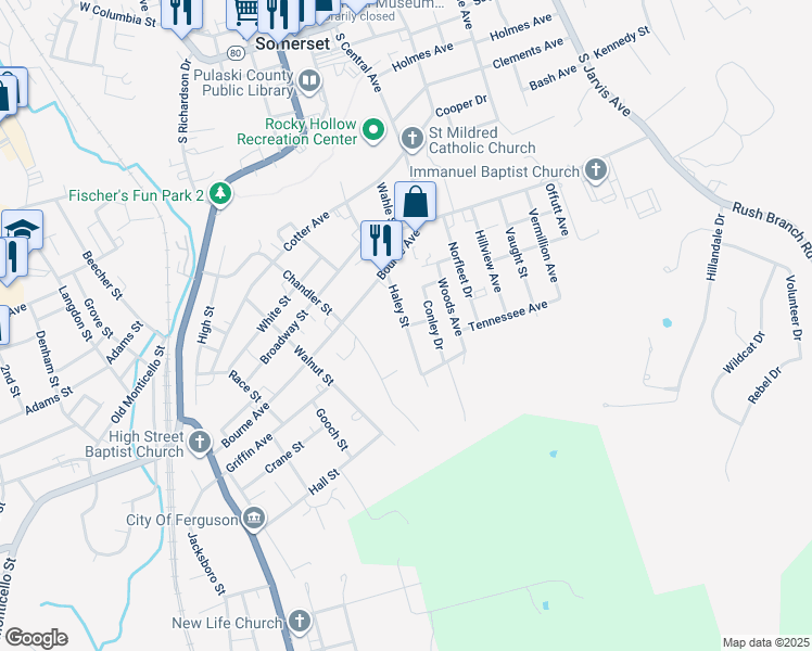 map of restaurants, bars, coffee shops, grocery stores, and more near 599 Haley St in Somerset