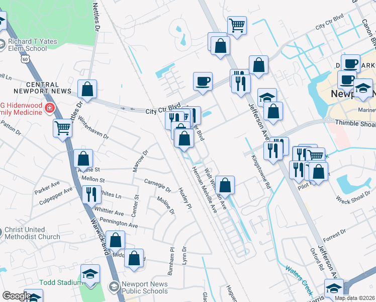 map of restaurants, bars, coffee shops, grocery stores, and more near 2201 William Styron Square South in Newport News