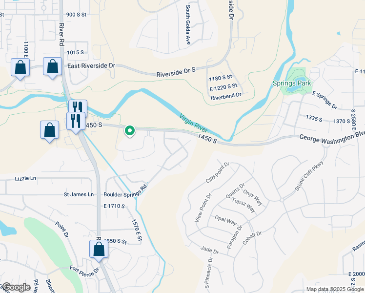 map of restaurants, bars, coffee shops, grocery stores, and more near 1575 East Boulder Springs Circle in St. George