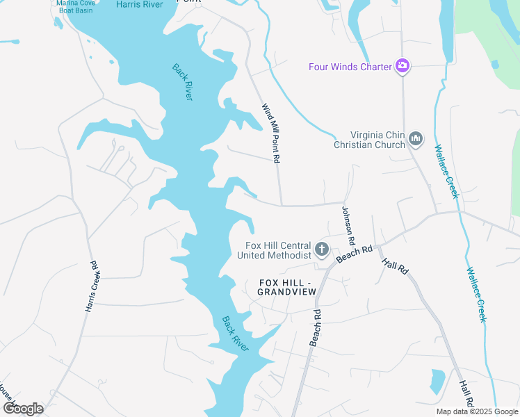 map of restaurants, bars, coffee shops, grocery stores, and more near 35 Wind Mill Point Road in Hampton
