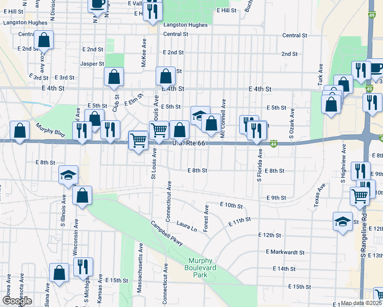 map of restaurants, bars, coffee shops, grocery stores, and more near 718 South Highland Avenue in Joplin