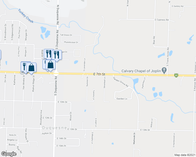 map of restaurants, bars, coffee shops, grocery stores, and more near 4254 East 7th Street in Joplin