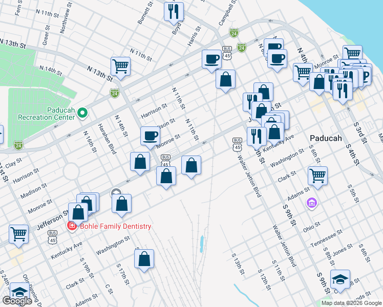 map of restaurants, bars, coffee shops, grocery stores, and more near 1154 Jefferson Street in Paducah