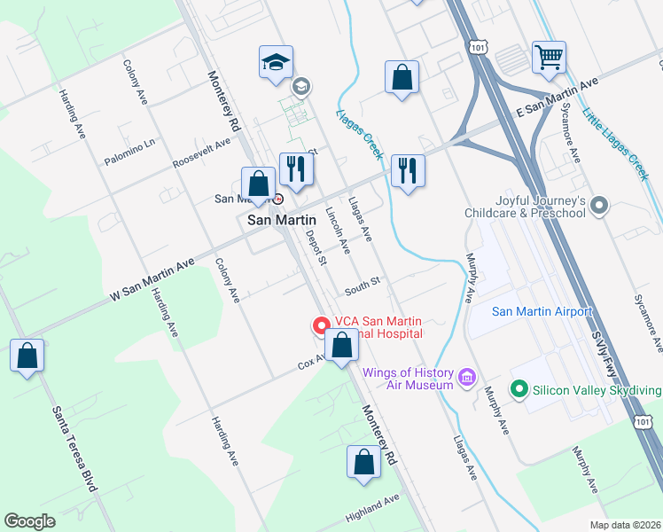 map of restaurants, bars, coffee shops, grocery stores, and more near 13170 Depot Street in San Martin