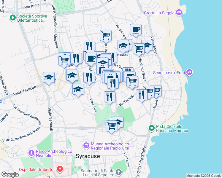 map of restaurants, bars, coffee shops, grocery stores, and more near 4 Via Tisia in Siracusa
