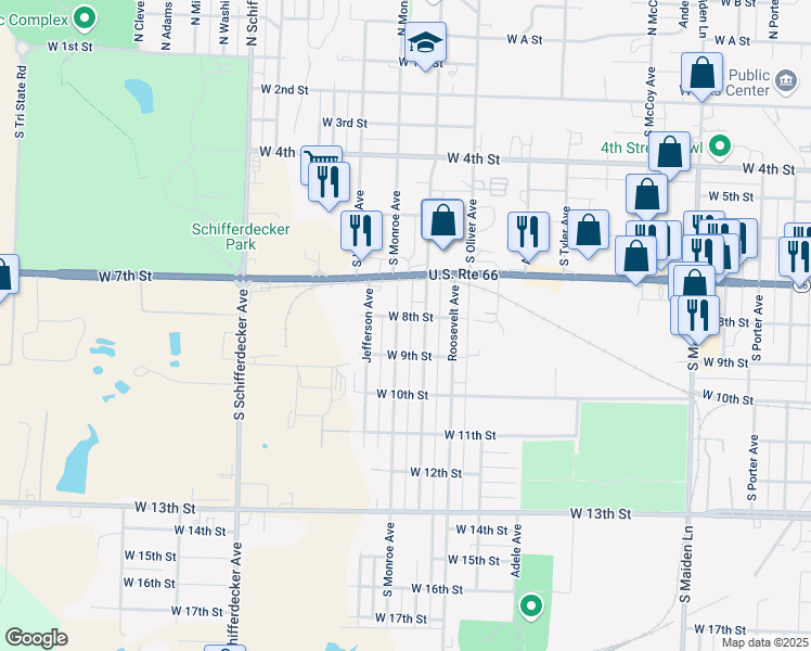 map of restaurants, bars, coffee shops, grocery stores, and more near 810 South McKinley Avenue in Joplin