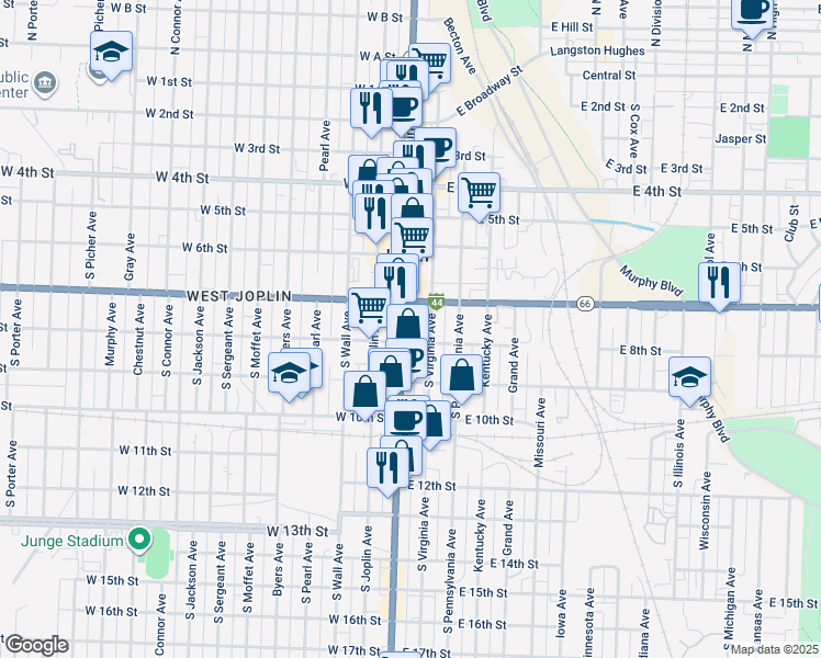 map of restaurants, bars, coffee shops, grocery stores, and more near 731 Missouri 43 in Joplin
