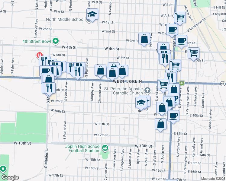 map of restaurants, bars, coffee shops, grocery stores, and more near 810-898 West 8th Street in Joplin