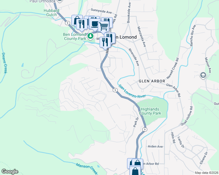 map of restaurants, bars, coffee shops, grocery stores, and more near 8855 California 9 in Ben Lomond